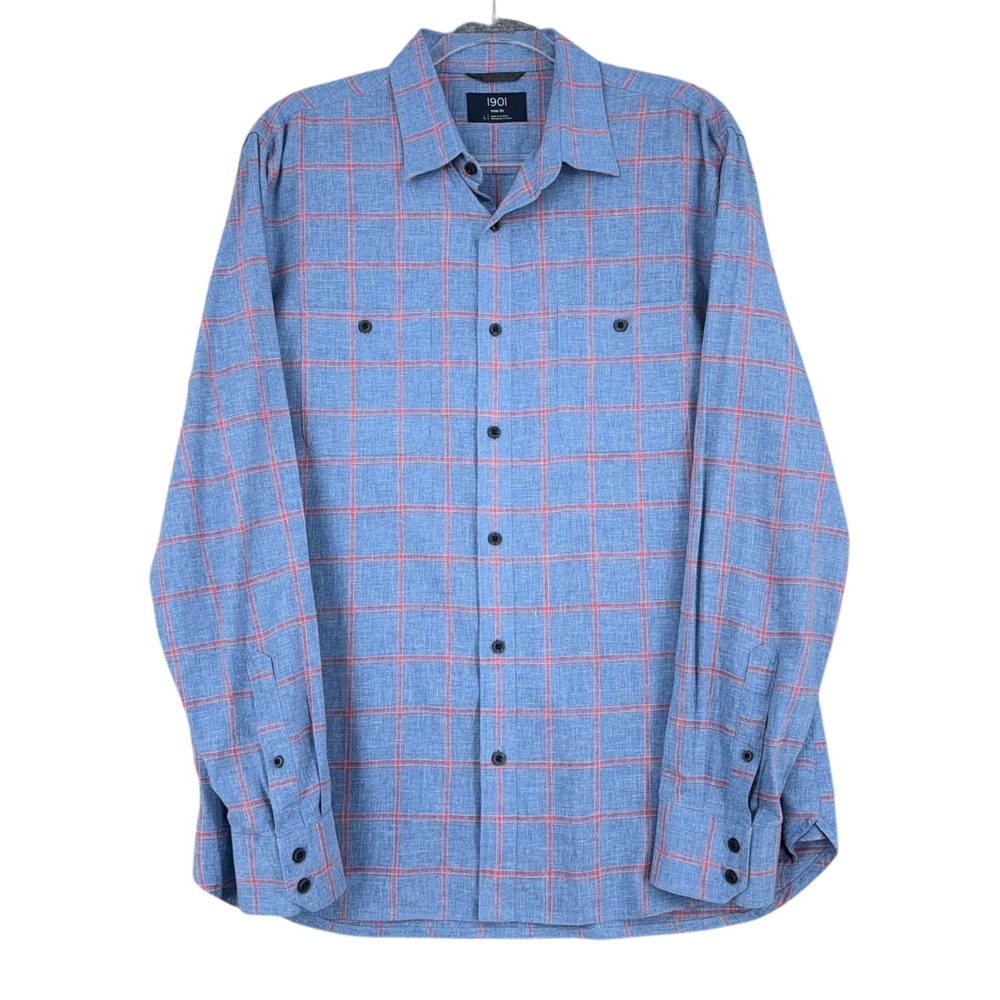 1901 Trim Fit Men's Blue Plaid Long Sleeve Linen Cotton Button Up Shirt Large‎